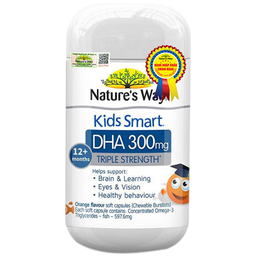 Viên nhai Kids Smart DHA 300mg Triple Strength Nature's Way hỗ trợ sức khỏe não bộ (50 viên)
