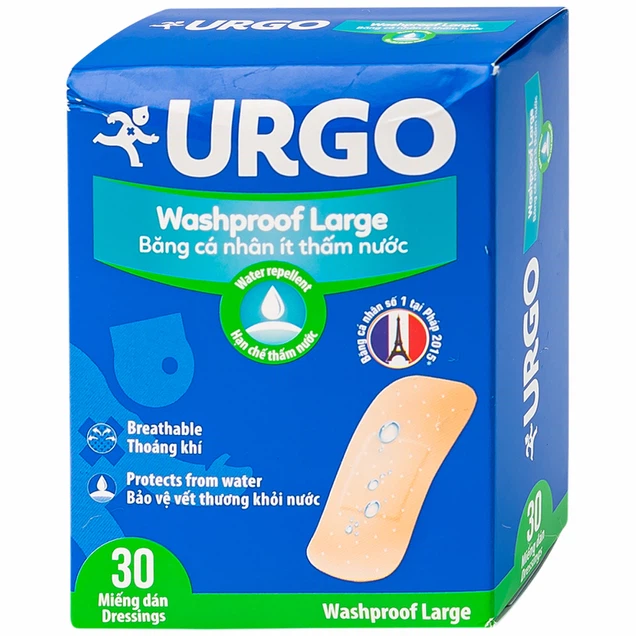 Băng cá nhân ít thấm nước Urgo Washproof Large (3.8cm x 7.2cm) hộp 30 miếng