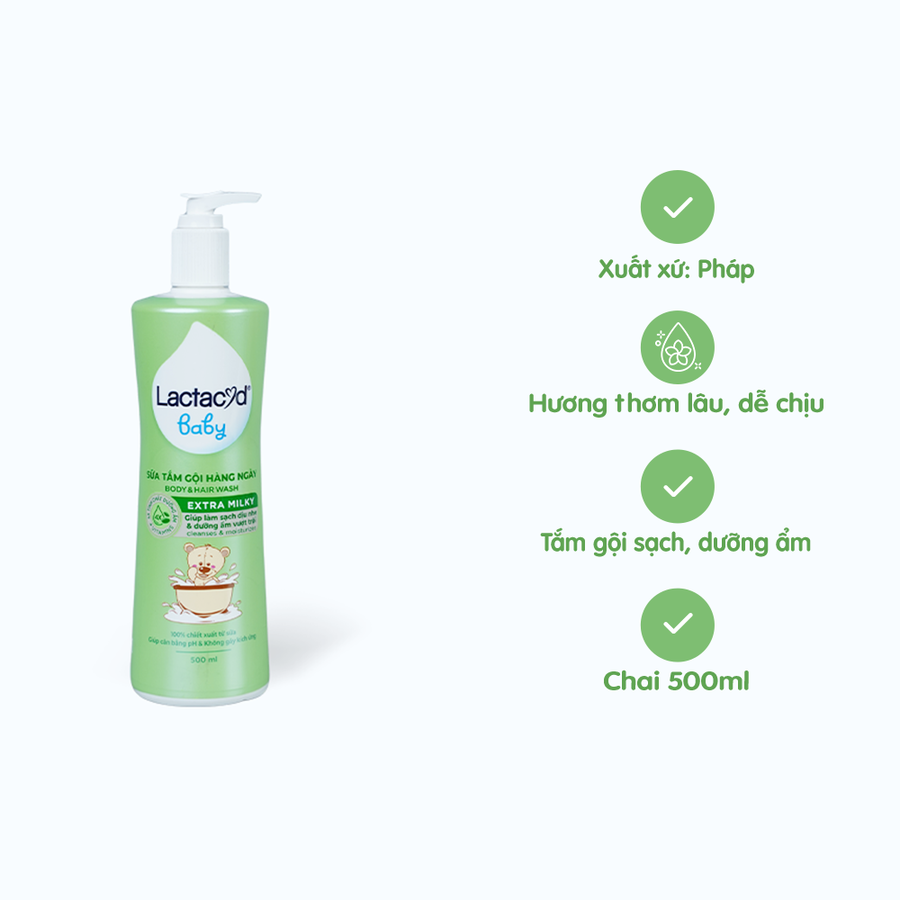 Sữa tắm gội hàng ngày Body And Hair Wash Lactacyd Baby Extra Milky sạch dịu nhẹ, dưỡng ẩm vượt trội (500ml)