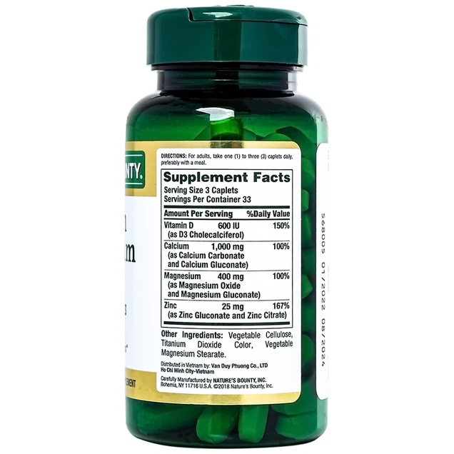 Viên uống Calcium Magnesium Zinc Nature's Bounty hỗ trợ duy trì sức khoẻ hệ xương (100 viên)