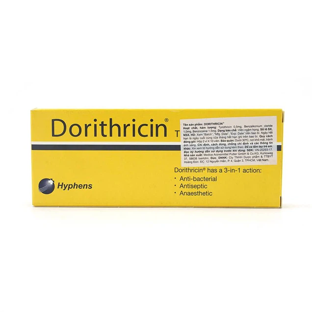 Viên ngậm Dorithricin Hyphens điều trị các triệu chứng nhiễm khuẩn miệng, họng (20 viên)