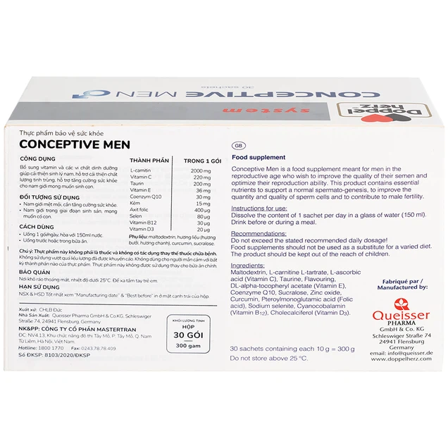 Doppelherz Conceptive Men 10g bổ sung vitamin và các vi chất dinh dưỡng hỗ trợ cải thiện sinh lý nam (30 gói)
