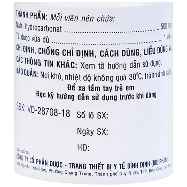 Thuốc Natri Bicarbonat 500mg Bidiphar điều trị nhiễm toan chuyển hóa, khó tiêu hóa, ợ nóng (160 viên)