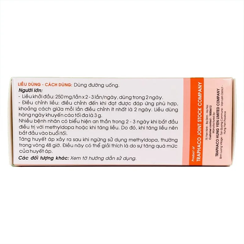 Viên nén Methyldopa 250 mg-Traphaco-hộp 10vỉ*10viên điều trị tăng huyết áp