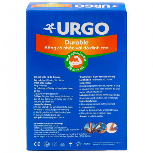 Băng cá nhân vải độ dính cao Urgo Durable size 2cm x 6cm bảo vệ các vết thương nhỏ, vết trầy xước, rách da (102 miếng)