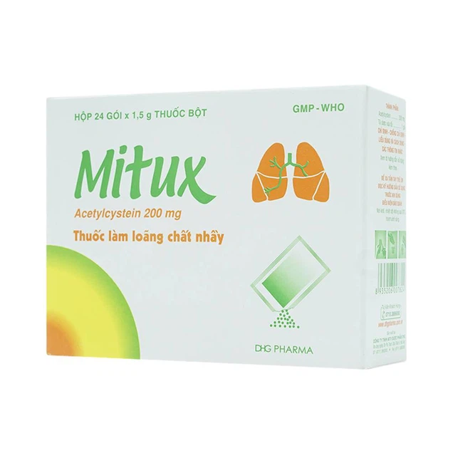 Thuốc bột uống Mitux 200mg DHG Pharma làm loãng chất nhầy đường hô hấp (24 gói x 1,5g)