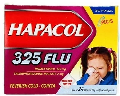 Cốm sủi Hapacol 325 flu-Parace 325+Clor-Hậu Giang-Hộp 24 gói