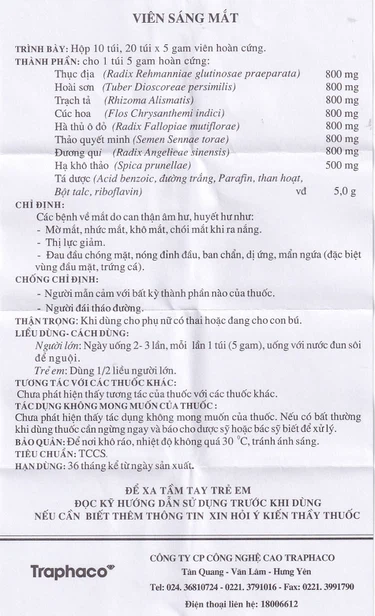 Viên Sáng Mắt Traphaco điều trị mờ mắt, nhức mắt, khô mắt (10 gói x 5g)