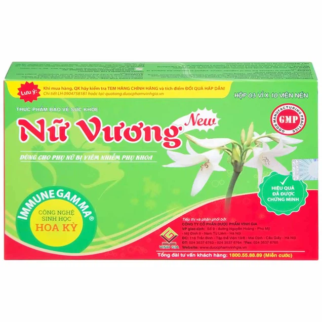 Viên nén Nữ Vương Vinh Gia hỗ trợ làm giảm nguy cơ viêm âm đạo, cổ tử cung (3 vỉ x 10 viên)