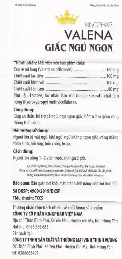 Viên uống Valena Kingphar giúp an thần, hỗ trợ dễ ngủ (4 vỉ x 10 viên)