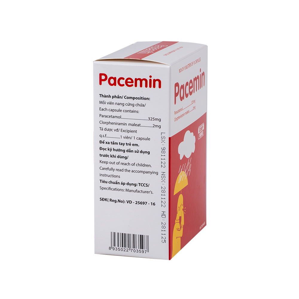 Viên nang cứng Pacemin 325mg/2mg Hataphar điều trị cảm cúm, sốt, nhức đầu (10 vỉ x 10 viên)