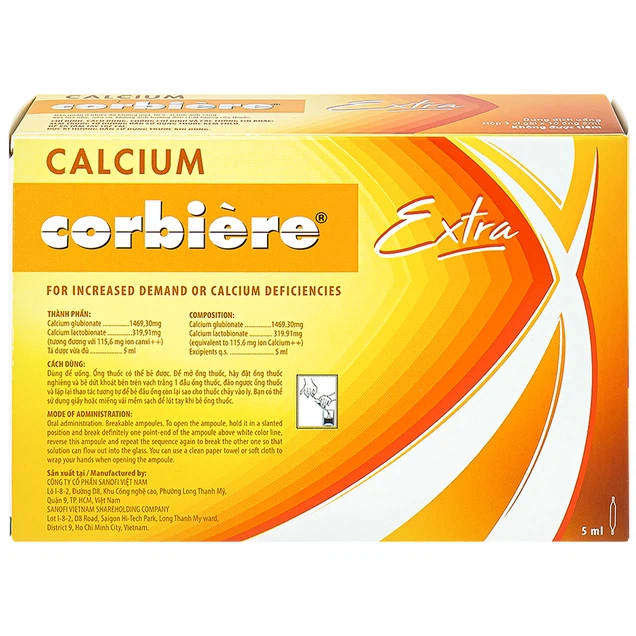 Thuốc Calcium Corbiere Kids Extra Sanofi bổ sung canxi cho trẻ em (3 vỉ x 10 ống x 5ml)