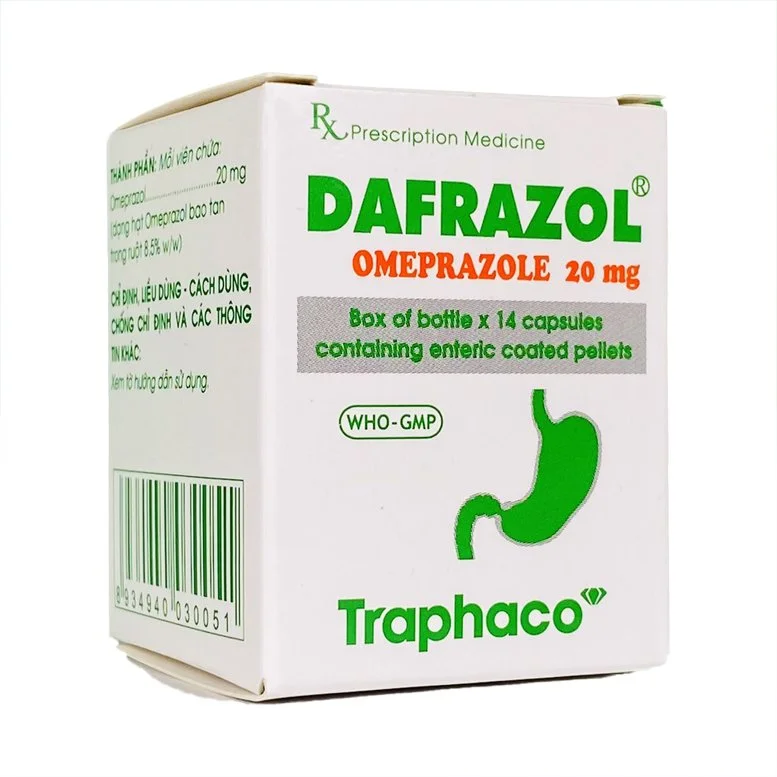 Dafrazol-Omeprazole 20mg-Traphaco-lọ 14viên điều trị và phòng ngừa loét dạ dày tá tràng, viêm thực quản trào ngược