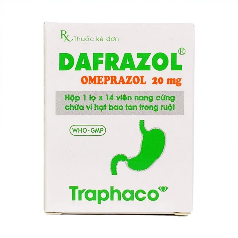 Dafrazol-Omeprazole 20mg-Traphaco-lọ 14viên điều trị và phòng ngừa loét dạ dày tá tràng, viêm thực quản trào ngược