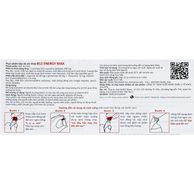 Dung dịch uống B12 Energy Max Italy bổ sung acid amin và vitamin B12 cho cơ thể (10 lọ x 10ml)