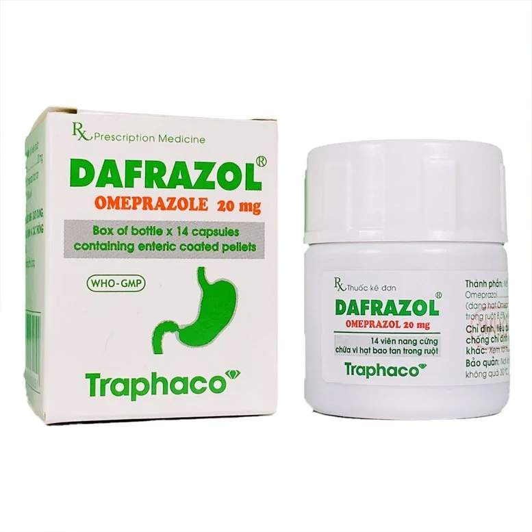 Dafrazol-Omeprazole 20mg-Traphaco-lọ 14viên điều trị và phòng ngừa loét dạ dày tá tràng, viêm thực quản trào ngược
