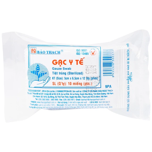 Gạc y tế tiệt trùng 5cm x 6.5cm x 12 lớp Bảo Thạch sơ cứu vết thương, thấm máu và dịch tiết