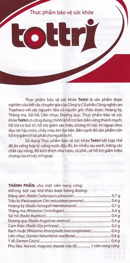 Viên uống Tottri Traphaco hỗ trợ làm co các búi trĩ (3 vỉ x 10 viên)