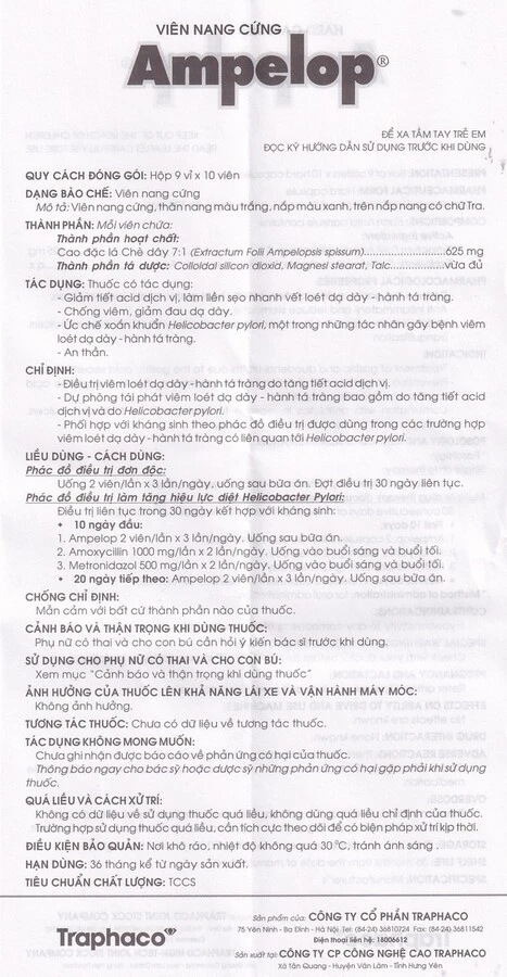 Thuốc Ampelop 625mg Traphaco điều trị viêm loét dạ dày, hành tá tràng (9 vỉ x 10 viên)