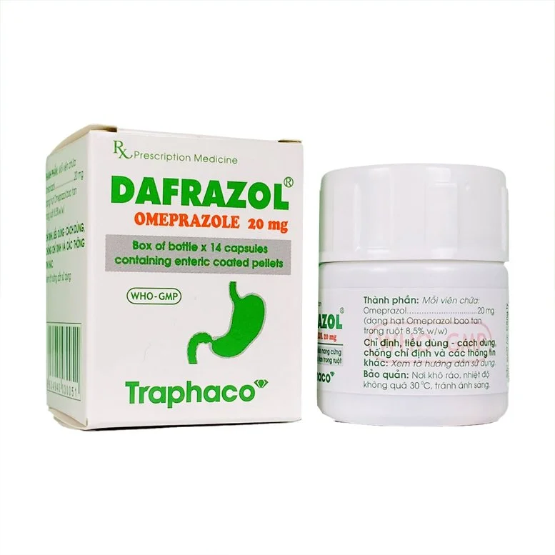 Dafrazol-Omeprazole 20mg-Traphaco-lọ 14viên điều trị và phòng ngừa loét dạ dày tá tràng, viêm thực quản trào ngược