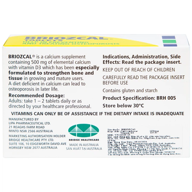 Thuốc Briozcal Bridge Healthcare dự phòng và điều trị thiếu hụt calci, vitamin D3 