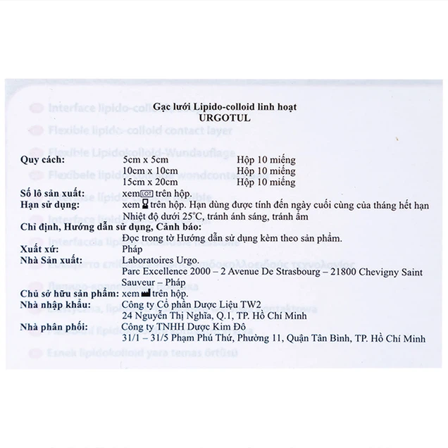 Gạc lưới vô trùng chống dính UrgoTul size 10cm x 10cm băng các vết thương cấp tính, mãn tính (10 miếng)