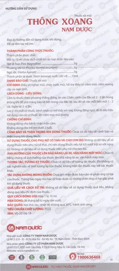 Thuốc xịt mũi Thông Xoang Nam Dược điều trị nghẹt mũi, chảy nước mũi (15ml)