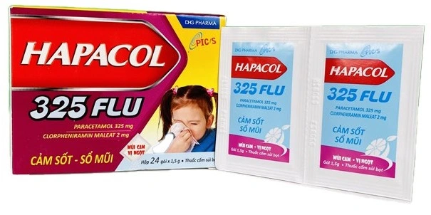 Cốm sủi Hapacol 325 flu-Parace 325+Clor-Hậu Giang-Hộp 24 gói