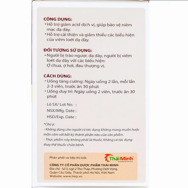 Viên uống Bình Vị Thái Minh hỗ trợ giảm acid dịch vị, giúp bảo vệ niêm mạc dạ dày