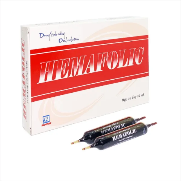 Dung dịch Hemafolic 100mg điều trị thiếu máu do thiếu sắt, thiếu acid folic (10 ống x 10 ml)