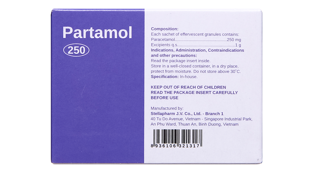 Cốm sủi Partamol 250 giảm cơn đau và sốt từ nhẹ đến vừa (20 gói x 1g)