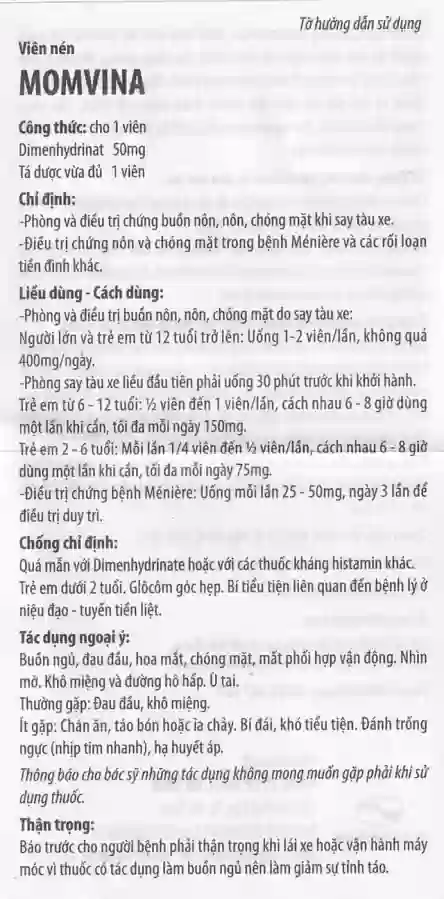 Thuốc chống say tàu xe Momvina Hadiphar điều trị chứng buồn nôn, nôn, chóng mặt (25 vỉ x 4 viên)