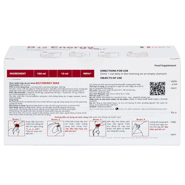 Dung dịch uống B12 Energy Max Italy bổ sung acid amin và vitamin B12 cho cơ thể (10 lọ x 10ml)