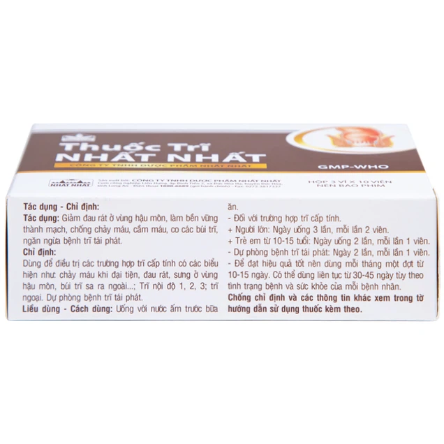 Thuốc Trĩ Nhất Nhất giảm đau rát hậu môn, làm bền vững thành mạch, điều trị các trường hợp trĩ cấp tính (3 vỉ x 10 viên)