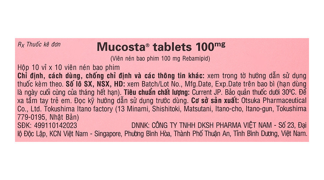 Viên nén Mucosta 100mg điều trị loét dạ dày (10 vỉ x 10 viên)