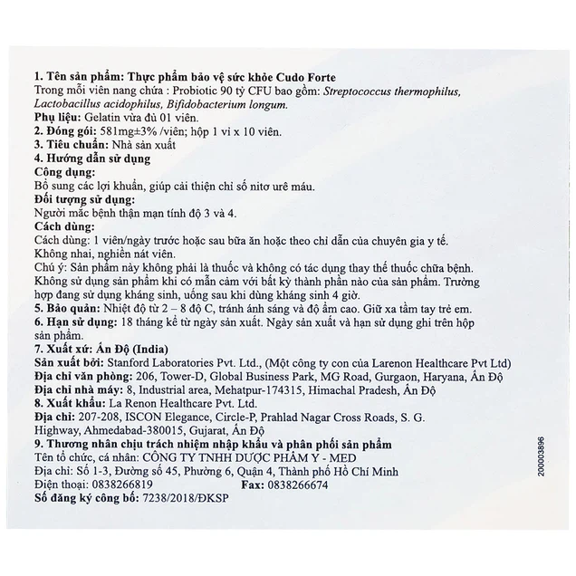 Viên uống Cudo Forte La Renon hỗ trợ điều trị bệnh thận mạn tính (3 hộp lẻ x 10 viên)