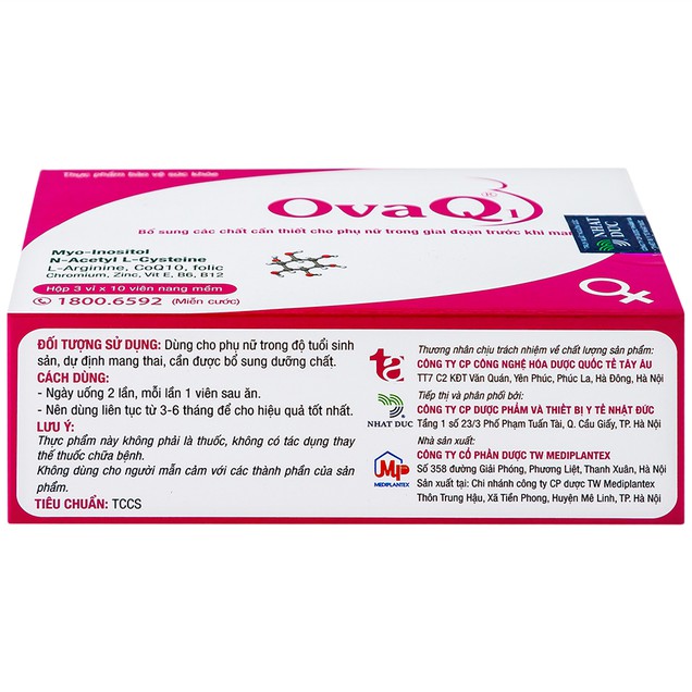 Viên OvaQ1 cung cấp Myo Inositol, Acid folic cùng các thành phần quan trọng cho phụ nữ chuẩn bị mang thai (3 vỉ x 10 viên).