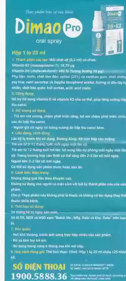 Chai xịt giúp tăng cường hấp thu canxi Dimao Pro Oral Spray D3 + K2 Valens (25ml)
