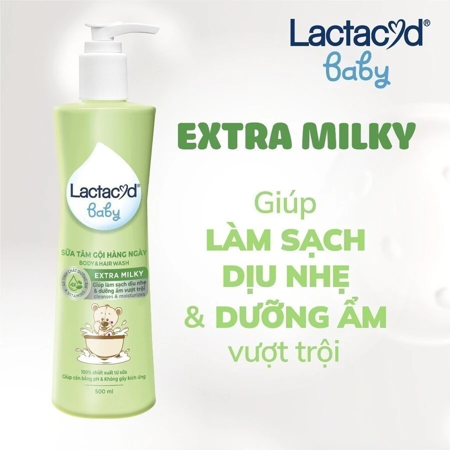 Sữa tắm gội hàng ngày Body And Hair Wash Lactacyd Baby Extra Milky sạch dịu nhẹ, dưỡng ẩm vượt trội (500ml)