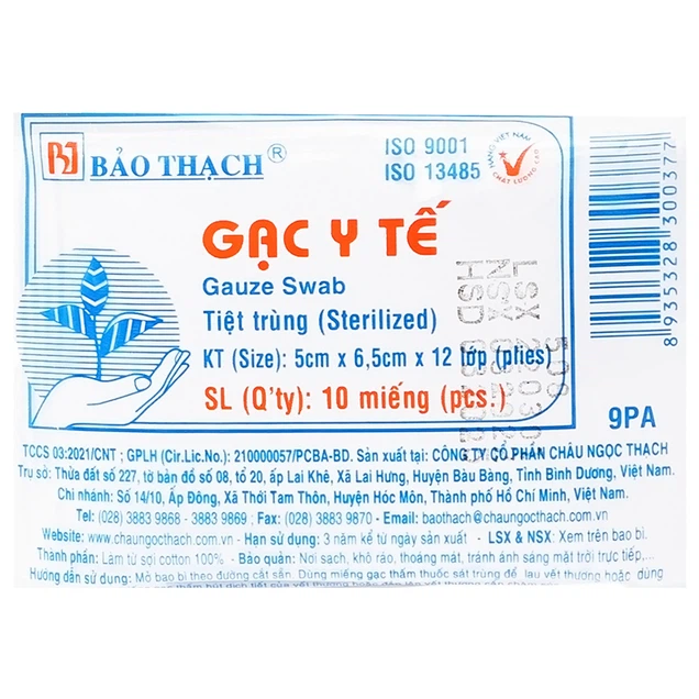 Gạc y tế tiệt trùng 5cm x 6.5cm x 12 lớp Bảo Thạch sơ cứu vết thương, thấm máu và dịch tiết