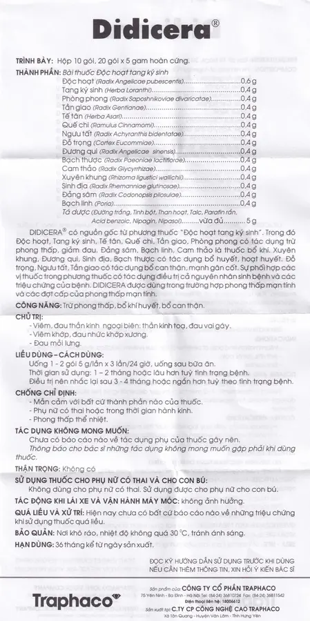 Thuốc Didicera trừ phong thấp, bổ khí huyết, bổ can thận (10 gói x 5g)