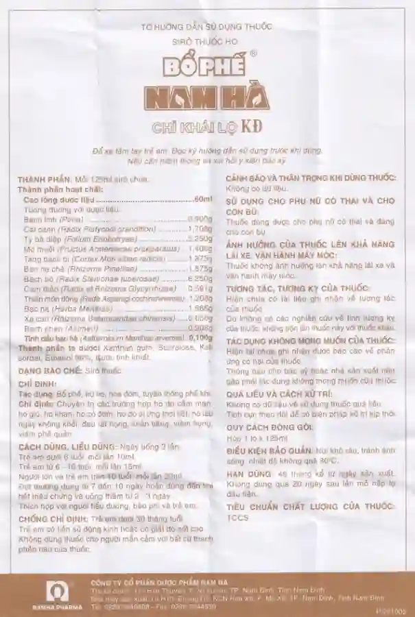 Siro thuốc ho Bổ Phế Nam Hà Chỉ Khái Lộ KĐ chuyên trị ho do cảm mạo, ho gió, ho khan, ho có đờm (125ml)