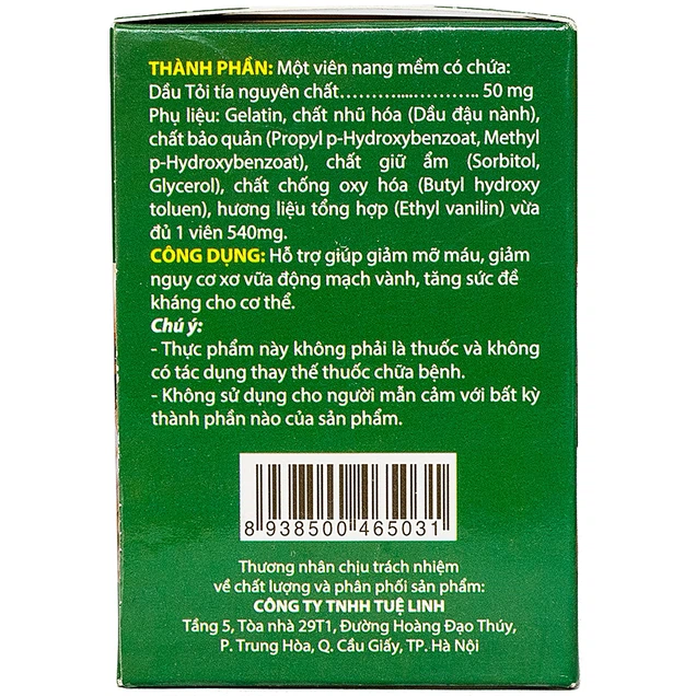 Dầu Tỏi Tuệ Linh hỗ trợ giảm mỡ máu, giảm nguy cơ xơ vữa động mạch vành (100 viên)
