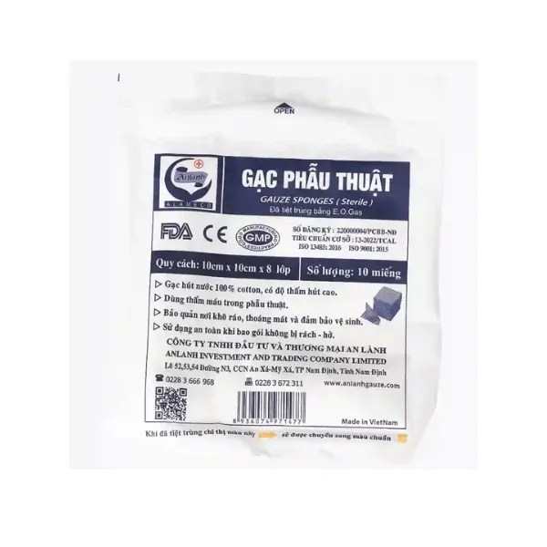 Gạc phẫu thuật TMC 10cm x 10cm x 8 lớp An Lành dùng thấm máu trong phẫu thuật (10 miếng)