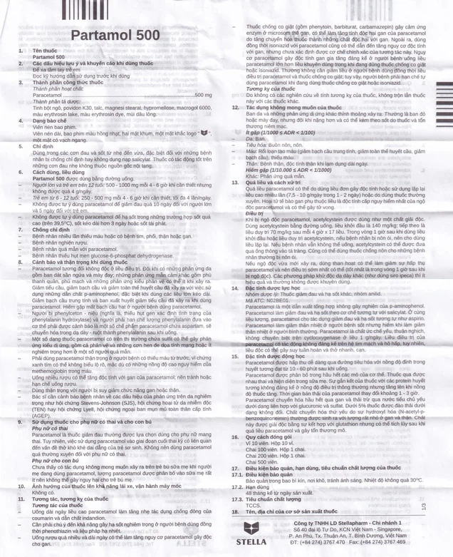 Thuốc Partamol 500 Stella điều trị các cơn đau và sốt từ nhẹ đến vừa (10 vỉ x 10 viên)