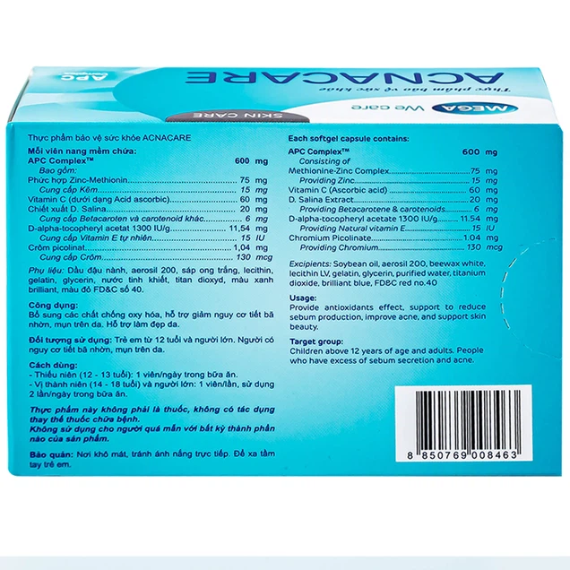 Viên uống Acnacare Mega We Care bổ sung chất chống oxy hóa, ngăn ngừa mụn (3 vỉ x 10 viên)