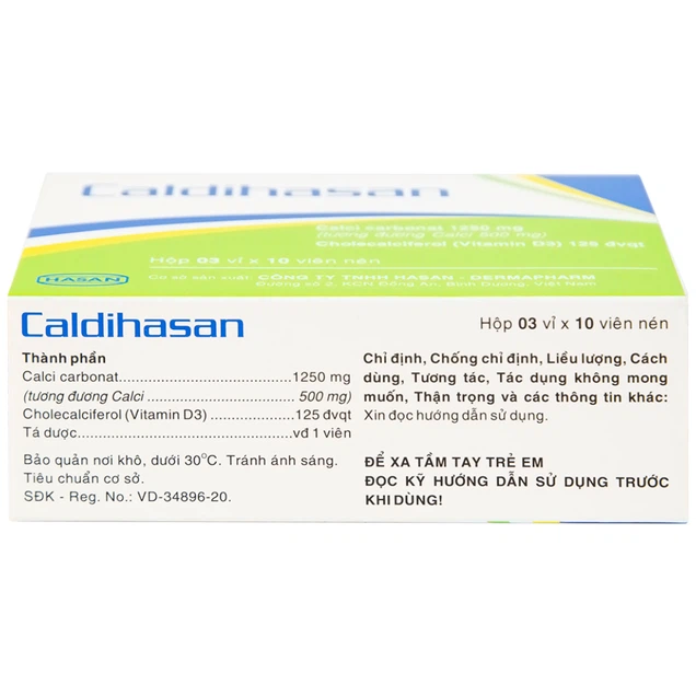 Thuốc Caldihasan Hasan phòng và điều trị thiếu hụt vitamin D, canxi (3 vỉ x 10 viên)