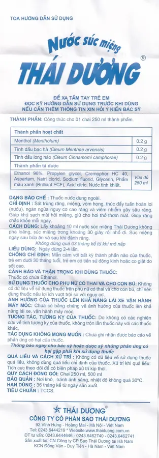 Nước súc miệng Thái Dương hương bạc hà, sát trùng răng, miệng, vòm họng (500ml)