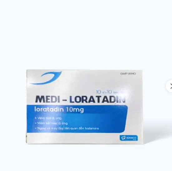 Viên nén Medi-Loratadin 10mg trị viêm mũi dị ứng, mày đay, ngứa (10 vỉ x 10 viên)