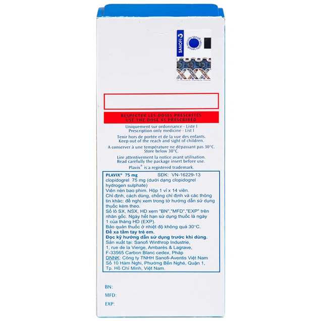 Plavix-Clopidogrel-Sanofi aventis Pháp 75mg hộp 1vỉ*14viên